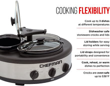 Load image into Gallery viewer, Chefman Triple Slow Cooker &amp; Buffet Server with 3 Removable 1.5 Quart Oval Crocks, Pot Inserts are Individually Heat Controlled with Locking Lid Straps, Spoon and Lid Rests, 4.5 qt. total capacity, Stainless Steel – RJ15-15-TO