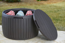 Load image into Gallery viewer, Keter 230897 Circa Natural Wood Style Round Outdoor Storage Table D, 37 Gallons, 26.7 in. Diameter x 16.5 in Height.