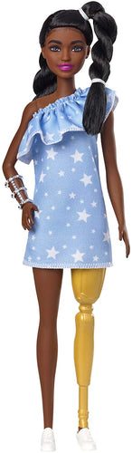 Barbie Fashionistas Doll with 2 Twisted Braids & Prosthetic Leg Wearing Star-Print Dress, White Shoes & Arm Bracelet, Toy for Kids 3 to 8 Years Old