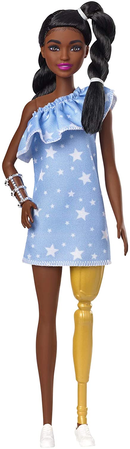Barbie Fashionistas Doll with 2 Twisted Braids & Prosthetic Leg Wearing Star-Print Dress, White Shoes & Arm Bracelet, Toy for Kids 3 to 8 Years Old