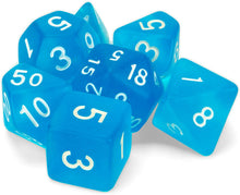 Load image into Gallery viewer, Wiz Dice Sea Glass Set of 7 Polyhedral Dice, Semi-Translucent Matte Finish Blue RPG Dice with Clear Display Box