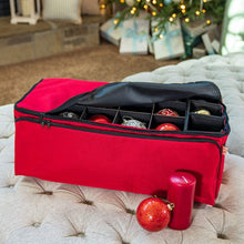 Load image into Gallery viewer, [Red Christmas Ornament Storage Box with Dividers] - (Holds 72 Ornaments up to 3 Inches in Diameter) | Acid-Free Removable Trays with Separators | Extra Front and Side Pockets for Additional Storage