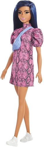Barbie Fashionistas Doll #143, with Pink Snake Print Dress and Over The Shoulder Bag Toy for Kids 3 to 8 Years Old