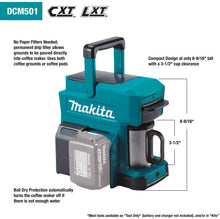 Load image into Gallery viewer, Makita DCM501Z 18V LXT/ 12V max CXTLithium-Ion Cordless Coffee Maker, Tool Only