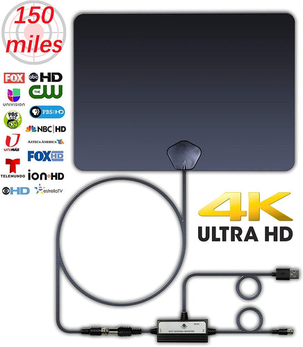 HTV 4K HDTV TV Antenna 150 Miles Range Indoor Digital TV Antennas with Signal Amplifier Booster Support 4K 1080P 16Ft Coaxial Cable UHF VHF, TV Antennas for Digital TV Indoor, Best One 2019 White