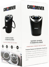 Load image into Gallery viewer, CAR AND DRIVER Bluetooth FM Transmitter Cup Holder for Car with Built-in Dual USB Fast Charging Ports &amp; Dual Cigarette Lighter 12V Power Sockets. Audio Adapter Receiver Wireless. Handsfree Car Kit
