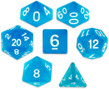Load image into Gallery viewer, Wiz Dice Sea Glass Set of 7 Polyhedral Dice, Semi-Translucent Matte Finish Blue RPG Dice with Clear Display Box