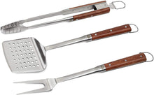 Load image into Gallery viewer, PIT BOSS 67298 3 Piece Grill Stainless Steel with Rosewood Handles-Includes Spatula, Tongs and Fork BBQ Tool Set