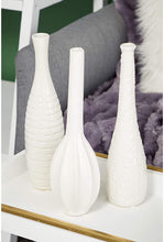 Load image into Gallery viewer, CosmoLiving by Cosmopolitan 92562 Modern Style Tall White Ceramic Bud Vases with Textural Finishes | Set of 3: 4” x 12”, 3” x 12”, 3” x 12”