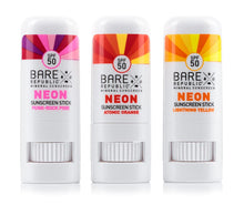 Load image into Gallery viewer, Bare Republic Mineral Sunscreen and Sunblock Neon Stick with Zinc Oxide, Broad Spectrum SPF 50, Reef Friendly, Sunset 3 Pack, 0.3 Oz Each