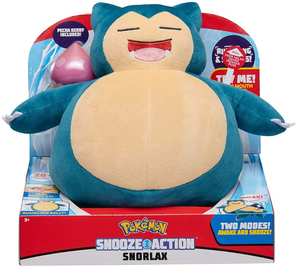 Pokemon Snooze Action Snorlax Plush, 10 Plush Toy - Features Over 20 Authentic Snorlax Sounds, with 2 Modes of Play: Asleep & Awake, Plus Vibrating Belly - Eats Pecha Berry (Included)
