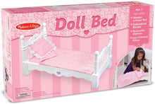 Load image into Gallery viewer, Melissa &amp; Doug White Wooden Doll Bed With Bedding, 24 x 12 x 11-Inches