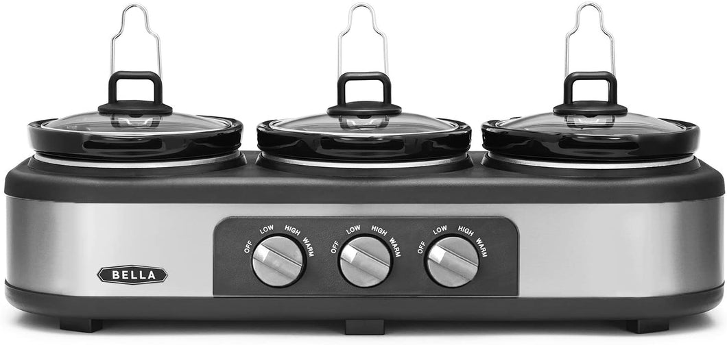 BELLA Triple Slow Cooker and Buffet Server, 3 x1.5 QT Manual Stainless Steel