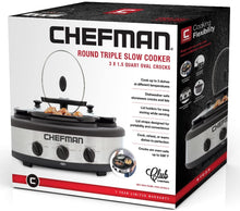 Load image into Gallery viewer, Chefman Triple Slow Cooker &amp; Buffet Server with 3 Removable 1.5 Quart Oval Crocks, Pot Inserts are Individually Heat Controlled with Locking Lid Straps, Spoon and Lid Rests, 4.5 qt. total capacity, Stainless Steel – RJ15-15-TO
