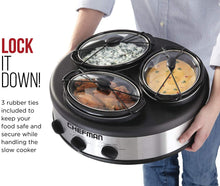 Load image into Gallery viewer, Chefman Triple Slow Cooker &amp; Buffet Server with 3 Removable 1.5 Quart Oval Crocks, Pot Inserts are Individually Heat Controlled with Locking Lid Straps, Spoon and Lid Rests, 4.5 qt. total capacity, Stainless Steel – RJ15-15-TO