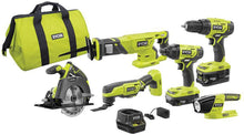 Load image into Gallery viewer, Ryobi P1819 18V One+ Lithium Ion Combo Kit (6 Tools: Drill/Driver, Impact Driver, Reciprocating Saw, Circular Saw, Multi-Tool, LED Worklight, 4.0 Ah &amp; 1.5 Ah Battery, Charger, Bag)