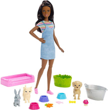 Load image into Gallery viewer, Barbie Play 'n Wash Pets Playset with Brunette Barbie Doll, 3 Color-Change Animals (A Puppy, Kitten and Bunny) and 10 Pet and Grooming Accessories, Gift for 3 to 7 Year Olds