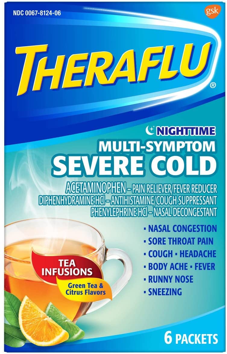TheraFlu Night Time Multi-Symptom Severe Cold, Green Tea & Citrus, 6 Count