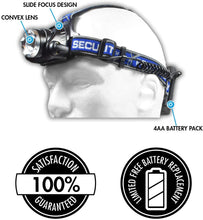Load image into Gallery viewer, Police Security Elite Blackout Headlamp - T6 LED - 615 Lumen - 7 Hour Battery Life - Camping, Walking, Fishing - Weather Resistant - Strong and Durable - High/Low/Flash