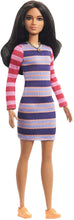 Load image into Gallery viewer, Barbie Fashionistas Doll with Long Brunette Hair Wearing Striped Dress, Orange Shoes &amp; Necklace, Toy for Kids 3 to 8 Years Old