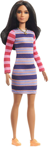 Barbie Fashionistas Doll with Long Brunette Hair Wearing Striped Dress, Orange Shoes & Necklace, Toy for Kids 3 to 8 Years Old