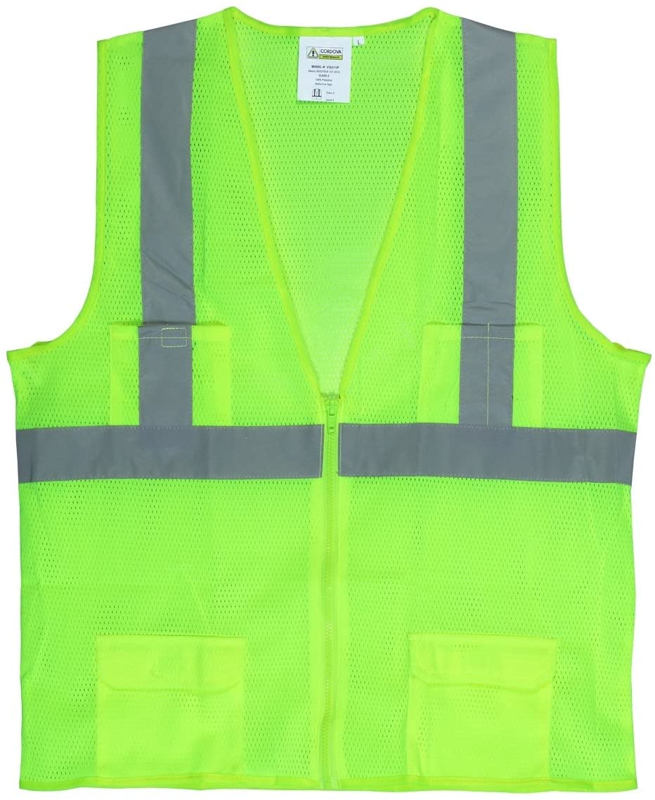 Cordova Class II Mesh Surveyors Vest, Silver Stripes, Zipper Closure with Four Front Pockets