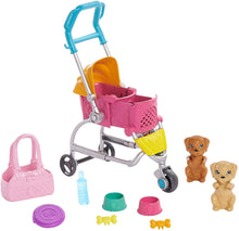 Load image into Gallery viewer, Barbie Stroll ‘n Play Pups Playset with Brunette Doll (11.5-inch), 2 Puppies, Pet Stroller and Accessories, Gift for 3 to 7 Year Olds