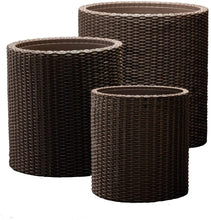 Load image into Gallery viewer, Keter Resin Wicker Cylinder Flower Pot Set of 3 Small, Medium, and Large Planters with Drainage Plugs for Outdoor or Indoor Plants