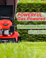 Load image into Gallery viewer, PowerSmart Lawn Mower, 21-inch &amp; 170CC, Gas Powered Self-propelled Lawn Mower with 4-Stroke Engine, 3-in-1 Gas Mower in Color Red/Black, 5 Adjustable Heights (1.2''-3.0''), DB2194SR-A