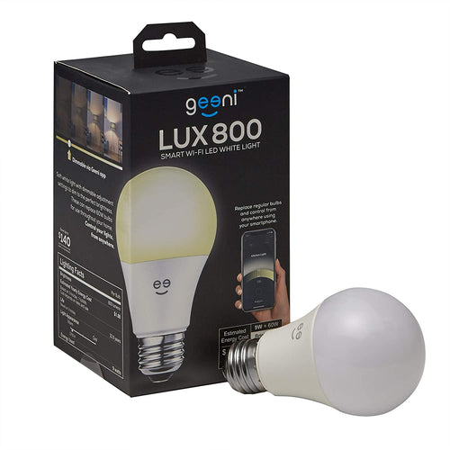 Geeni Lux 800 A19 Smart Wi-Fi LED Dimmable White Light Bulb - 60W Equivalent, No Hub Required, Works with Alexa, Google Assistant & Microsoft Cortana - GN-BW902-999