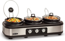 Load image into Gallery viewer, BELLA Triple Slow Cooker and Buffet Server, 3 x1.5 QT Manual Stainless Steel