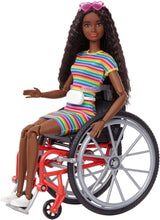 Load image into Gallery viewer, Barbie Fashionistas Doll #166, with Wheelchair &amp; Crimped Brunette Hair Wearing Rainbow-Striped Dress, White Sneakers, Sunglasses &amp; Fanny Pack, Toy for Kids 3 to 8 Years Old
