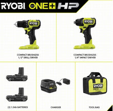 Load image into Gallery viewer, Ryobi ONE+ HP 18V Brushless Cordless Compact 1/2 in. Drill and Impact Driver Kit with (2) 1.5 Ah Batteries, Charger and Bag