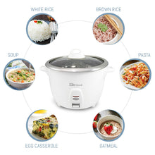 Load image into Gallery viewer, Elite Gourmet ERC-2010 Electric Rice Cooker with Stainless Steel Inner Pot Makes Soups, Stews, Grains, Cereals, 10 Cooked (5 Cups Uncooked), Cup Cups), White