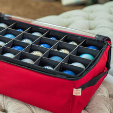Load image into Gallery viewer, [Red Christmas Ornament Storage Box With Dividers] - (Holds 48 Ornaments up to 3 Inches in Diameter) | Acid-Free Removable Trays with Separators | Clear Window to Easily See Storage Bags Contents