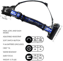 Load image into Gallery viewer, Police Security Elite Blackout Headlamp - T6 LED - 615 Lumen - 7 Hour Battery Life - Camping, Walking, Fishing - Weather Resistant - Strong and Durable - High/Low/Flash