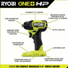 Load image into Gallery viewer, Ryobi ONE+ HP 18V Brushless Cordless Compact 1/2 in. Drill and Impact Driver Kit with (2) 1.5 Ah Batteries, Charger and Bag