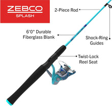 Load image into Gallery viewer, Zebco Splash Spinning Reel and Fishing Rod Combo, 6-Foot 2-Piece Fishing Pole, Size 20 Reel, Changeable Right- or Left-Hand Retrieve, Pre-Spooled with 8-Pound Zebco Line, Blue