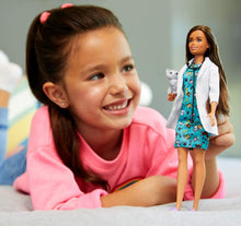 Load image into Gallery viewer, Barbie Pet Vet Brunette Doll with Career Pet-Print Dress, Medical Coat, Shoes and Kitty Patient for Ages 3 and Up , Multi