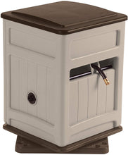 Load image into Gallery viewer, Suncast Resin Swivel Hose Hideaway and Storage Bin with Hose Guide - Durable Outdoor Automatic Hose Storage Reel with Swivel Base, Crank Handle, Lid, Slide Trak Hose Guide, and Storage - 225' Hose Capacity - Mocha and Taupe