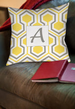 Load image into Gallery viewer, Manual Woodworkers &amp; Weavers Square Indoor/Outdoor Pillow, 16-Inch, Monogrammed Letter A, Yellow Honeycomb
