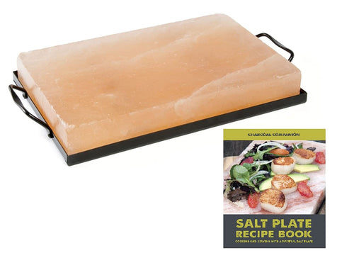 Charcoal Companion CC7167 Himalayan Salt Plate & Holder Set with Salt Plate Recipe Book, 8 x 12