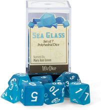 Load image into Gallery viewer, Wiz Dice Sea Glass Set of 7 Polyhedral Dice, Semi-Translucent Matte Finish Blue RPG Dice with Clear Display Box