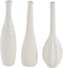 Load image into Gallery viewer, CosmoLiving by Cosmopolitan 92562 Modern Style Tall White Ceramic Bud Vases with Textural Finishes | Set of 3: 4” x 12”, 3” x 12”, 3” x 12”