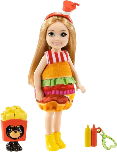 Barbie Club Chelsea Dress-Up Doll (6-Inch Blonde) in Burger Costume with Pet and Accessories, Gift for 3 to 7 Year Olds