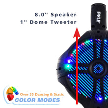 Load image into Gallery viewer, Waterproof Marine Wakeboard Tower Speakers - 8in Dual Subwoofer Speaker Set and 1” Tweeter, LED Lights and 260 Watt Power - 2-way Boat Audio System with Mounting Bracket - 1 Pair - PLMRWB85LEB (Black)