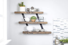 Load image into Gallery viewer, Del Hutson Designs Industrial Metal Bracket Three-Tier Natural Wood Floating Shelf Set Rustic Farmhouse Kitchen, Bath, Laundry, Dorm