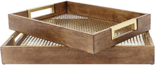 Load image into Gallery viewer, Kate and Laurel Hanneli Modern Glam Set of 2 Decorative Wood Nesting Trays in Walnut Finish with Gold Perforated Metal Base and Handles