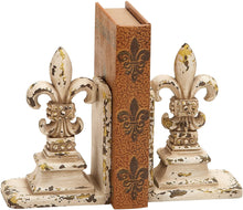 Load image into Gallery viewer, Distressed White Fleur de Lis Bookends, Pair: 5.5&quot; x 9&quot; Each