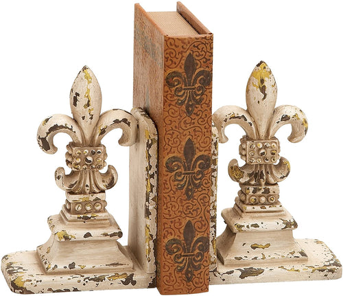 Distressed White Fleur de Lis Bookends, Pair: 5.5
